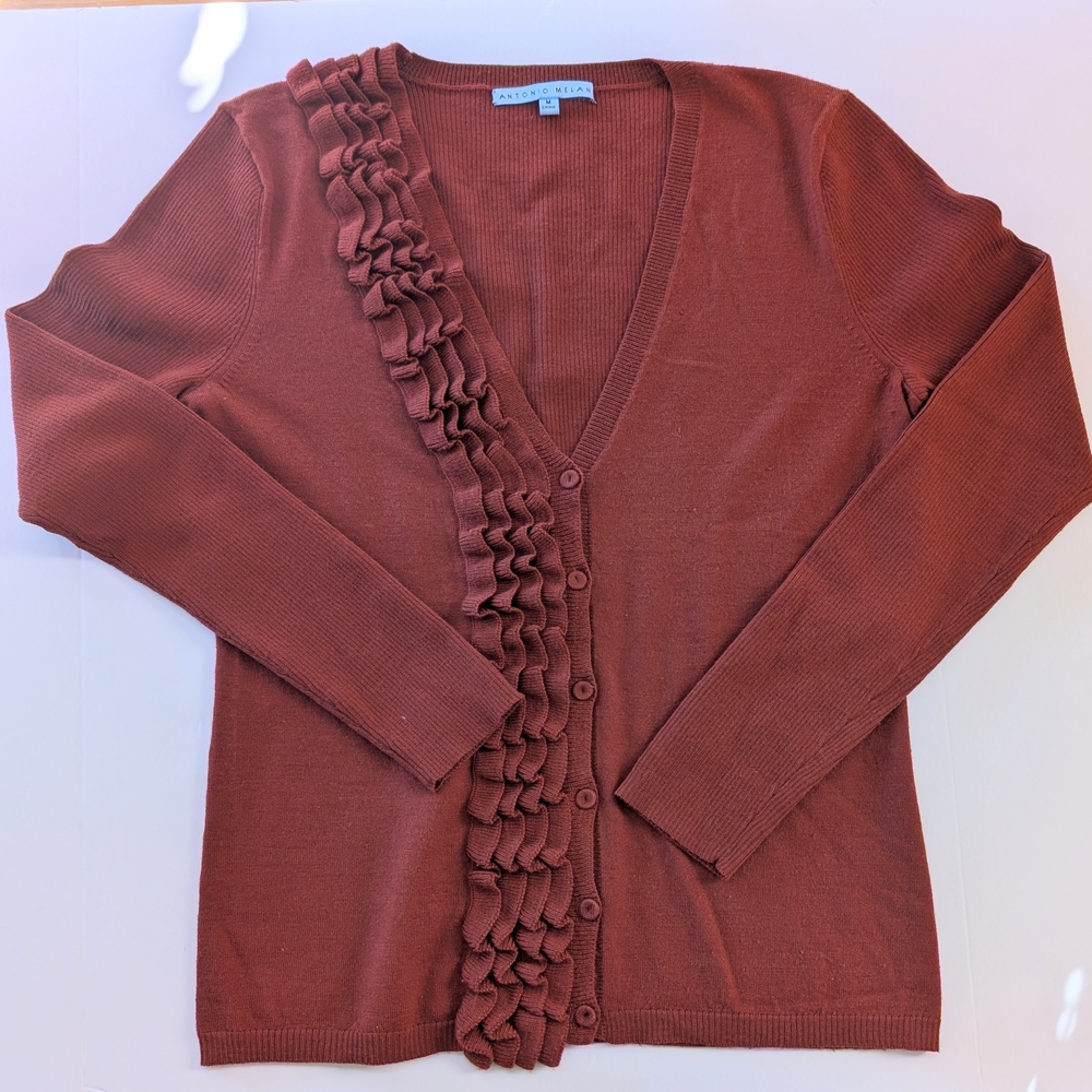 ANTONIO MELANI Ruffled V-Neck Long Sleeve Cardigan - Rust